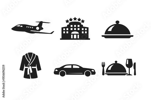 Luxury travel and hospitality icons including private jet, hotel, car, and dining