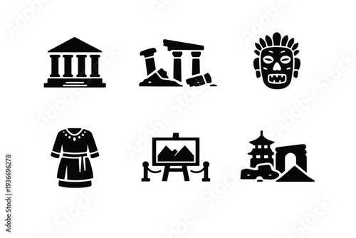 Collection of cultural heritage icons representing history, art, and architecture