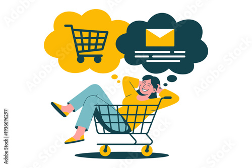 Shopping cart icon with a happy person and email thought bubble