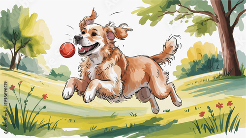 Happy dog playing fetch with ball in sunny park with trees and flowers