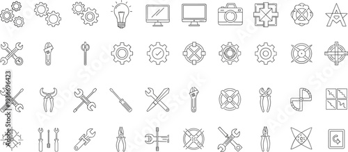 Engineering tools and gear line icon set, mechanical repair equipment symbols collection, vector illustration