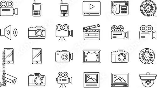 Photography video production and media equipment outline icon set camera film smartphone cinema vector symbols collection