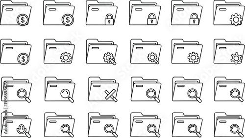File folder management and security line icons set, document search, lock and settings symbols, vector illustration