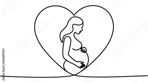 Pregnant woman icon with heart symbol in minimalist line art style