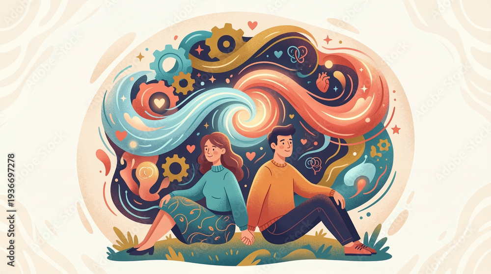 Fototapeta premium Conceptual illustration of libido balance and dynamic intimacy in a relationship, showing a harmonious couple with balanced emotional and physical connection, gender psychology and partnership harmony
