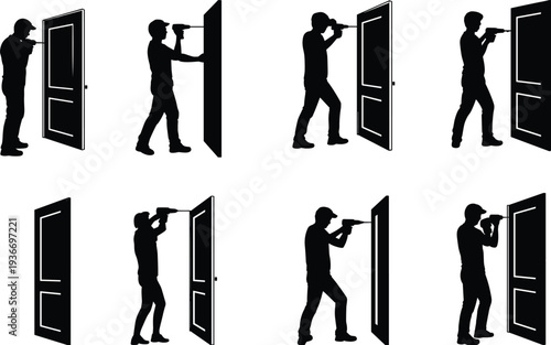 Carpenter installing wooden door silhouette set, handyman using drill for home renovation, construction worker vector illustration isolated on white background
