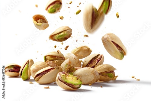 Close-up of pistachios, some falling, on a white background, shells and kernels visible