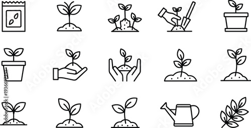 Gardening and plant growth line icon set, seedling sprout cultivation symbols, vector illustration