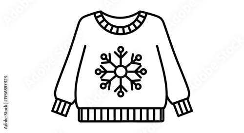 Line art winter sweater with large snowflake design, cozy holiday apparel, isolated white background.
