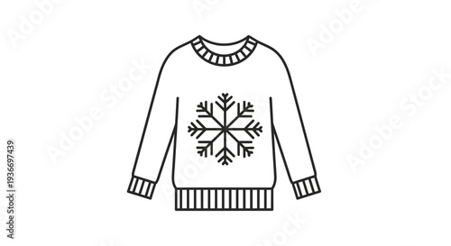 Minimalist line art winter sweater with snowflake illustration, holiday clothing design, isolated white background.