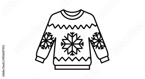 Line art winter sweater with snowflake pattern, holiday fashion outline, isolated white background.