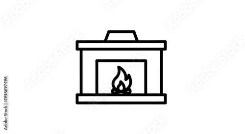 Fireplace icon with burning flame, line art, isolated white background.