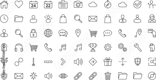 Universal line icon collection for user interface including home, calendar, message, shopping cart, search, settings, media, and communication symbols
