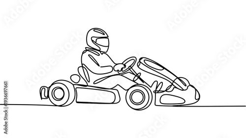 Kart racing driver in a one line illustration style vector graphic