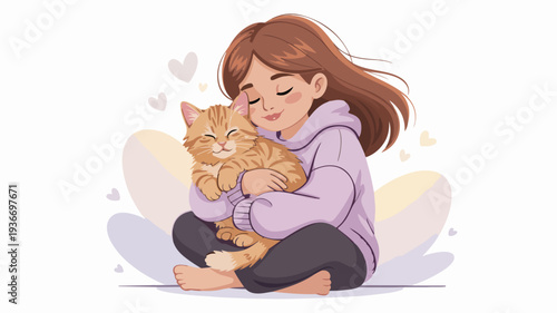 Woman sitting cross legged hugging cute orange tabby cat sweet affectionate moment hearts floating background