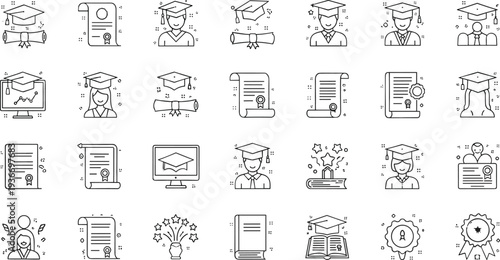 Graduation ceremony and academic certificate line icon set, student education achievement symbols collection, vector illustration