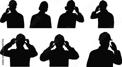 Construction worker adjusting safety helmet and ear protection silhouette set, industrial labor safety concept vector illustration isolated on white background