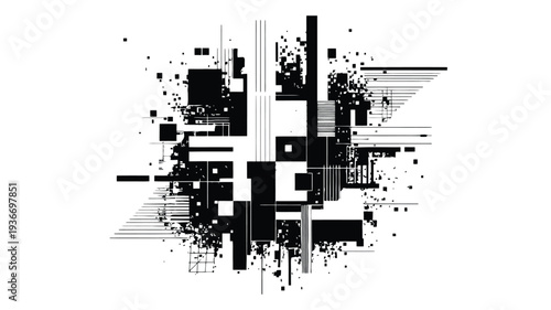 Glitch art illustration with distorted digital shapes and black pixels