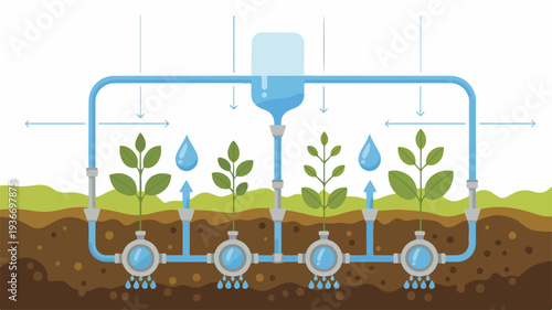 Efficient drip irrigation system with plants growing in soil water droplets and tubes for sustainable gardening and agriculture