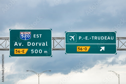 Obraz na płótnie Montreal, Canada - August 24, 2025: Highway sign indicating exit to Pierre Ellio