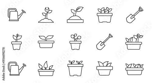 Gardening plant care and tools outline icon set vector