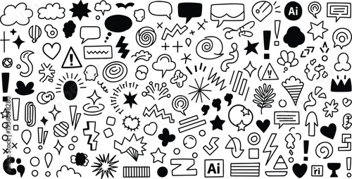 PrintHand Drawn Doodle Icons Collection, Abstract Symbols, Speech Bubbles And Decorative Shapes Set, vector illustration