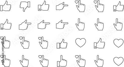 Hand Gesture and Like Icon Set, Thumb Up Finger Click Heart Outline Collection for UI Design, vector illustration