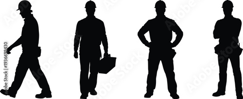 Construction worker silhouettes collection, industrial builder with toolbox and safety helmet, professional labor workforce vector illustration isolated on white background