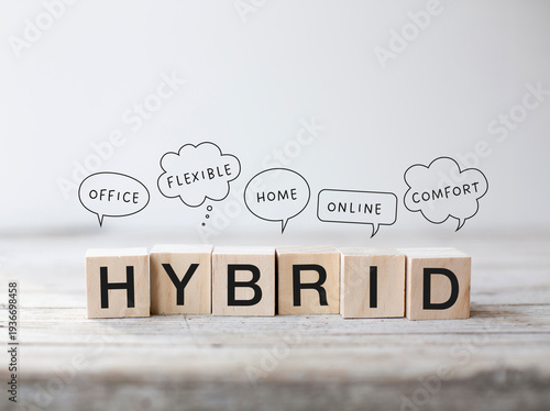6 small wooden cubes with the word “Hybrid” written on them. Speech bubbles above them with the words: office, flexible, home, online, comfort