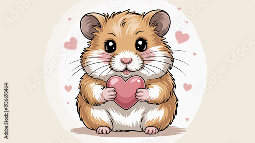 Cute hamster holding pink heart surrounded by hearts love and affection concept adorable small animal with white and brown fur