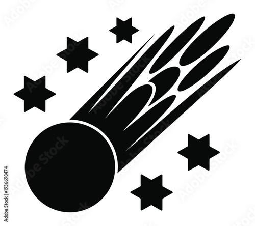 Black and white of a shooting star with six-pointed stars in a stylized cosmic scene