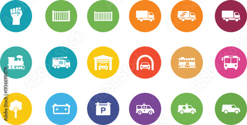 Transportation and logistics flat color icon set truck container warehouse vehicle industry vector symbols collection