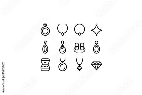Jewelry icon set including various types of necklaces and rings