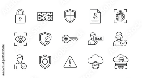 Cyber security protection and privacy outline icon set vector