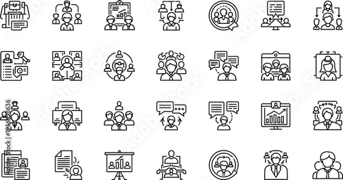 Human Resources Management Line Icons Set, Recruitment And Team Leadership Symbols Collection, vector illustration