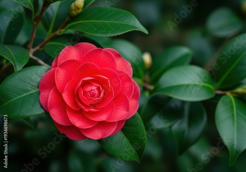 Lush velvety petals of a vibrant red camellia flower bloom against deep green glossy leaves on a springtime branch in a peaceful garden setting, plant, delicate, camellia