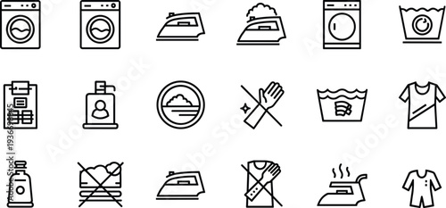 Laundry and clothing care line icon set, washing machine iron detergent symbols, vector illustration