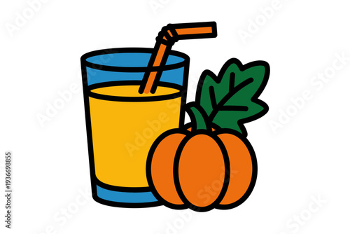 A vibrant orange juice illustration with a pumpkin and straw