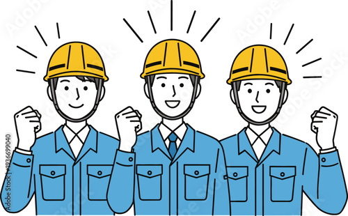 Construction workers wearing safety helmets cheering vector illustration confident builders raising fists teamwork success and motivation concept