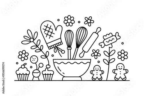 Baking oven mitt icon with utensils and cupcakes in illustration style