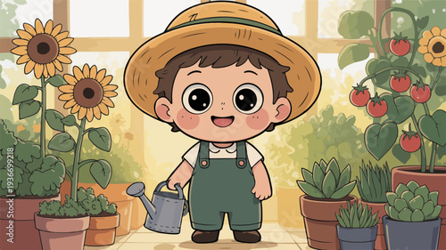 Happy little boy in green overalls watering plants in a sunny garden with sunflowers and tomatoes