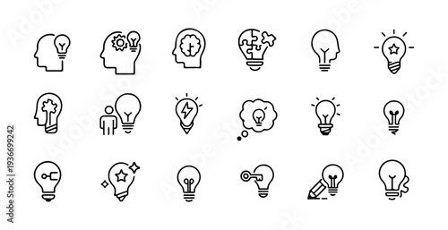 Creative Idea Light Bulb and Brain Line Icon Set – Innovation Thinking Outline Vector Collection