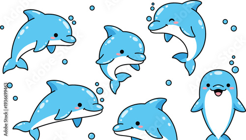 Cute dolphin cartoon character set vector illustration playful sea animal swimming underwater kawaii marine mascot collection