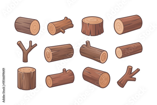 Wood log vector illustration set with various tree trunk cuts and branches