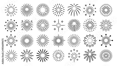 Fireworks icon set in black and white vector illustration style
