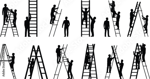 Construction workers on ladders silhouette collection, maintenance and repair teamwork scenes, in