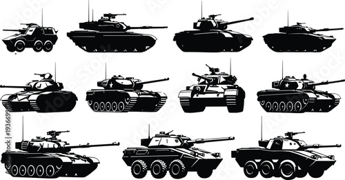 Military tank silhouettes set, armored combat vehicles and armored personnel carriers collection, vector illustration