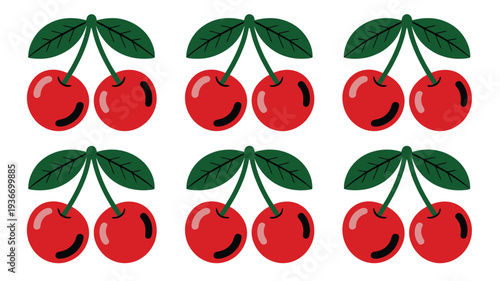 Cherry illustration of multiple red cherries with green leaves vector icon