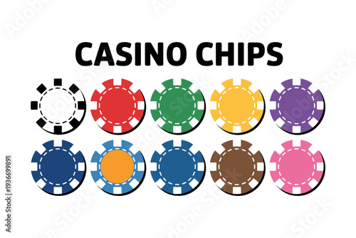 Casino chips collection in various colors and designs