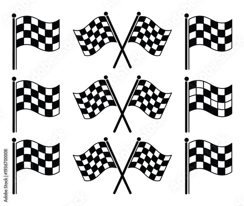 Collection of Checkered Flags on Poles, Racing Flags, Victory Flags